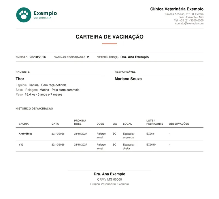 Exemplo de carteira de vacinação gerada pela VetNaut, com vacinas, lotes e próximas doses