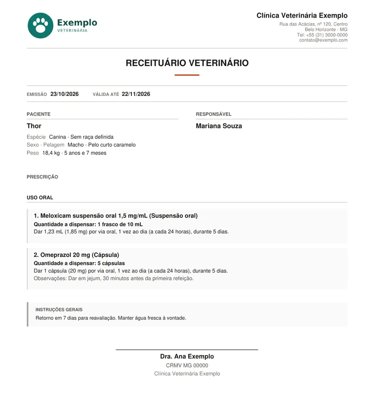 Exemplo de receituário veterinário gerado pela VetNaut, com dados da clínica, do paciente e do tutor preenchidos